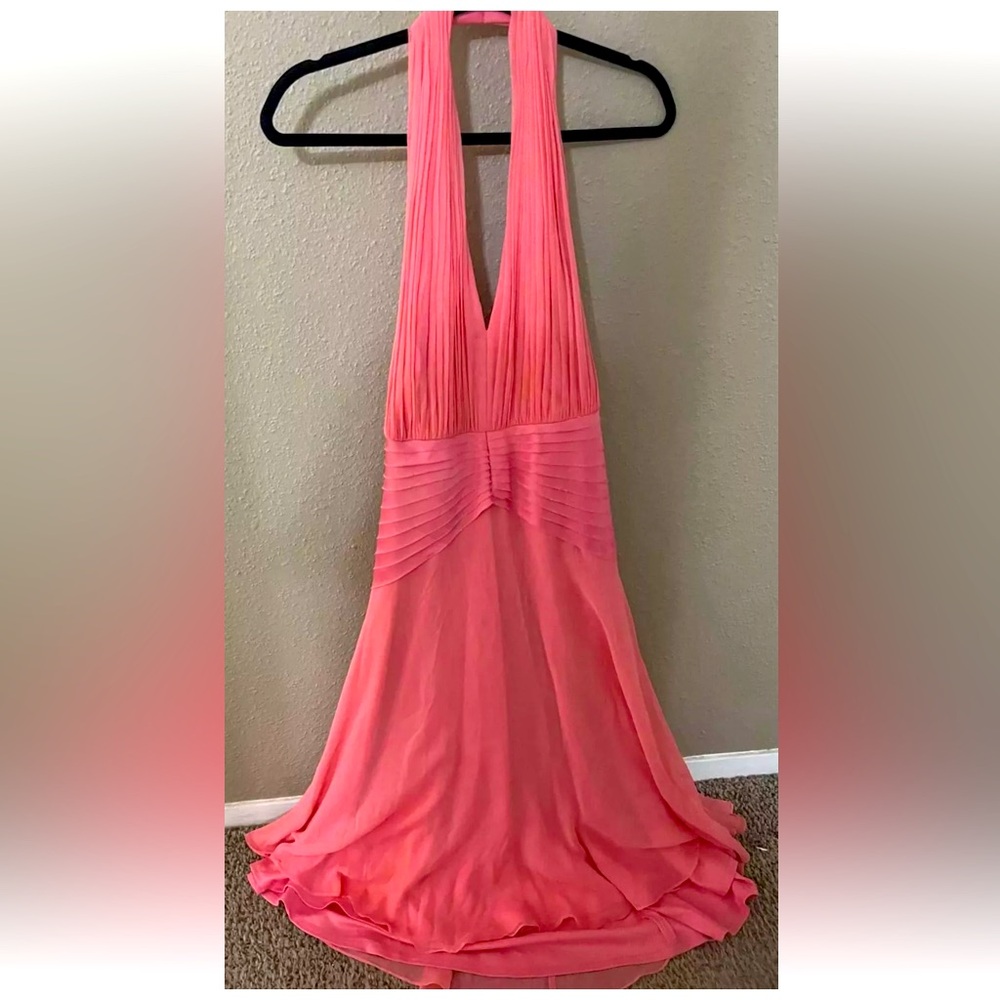 TADASHI Early 2000's Halter Dress Pleated Waist 100% Pink Silk SIZE 14 or XL